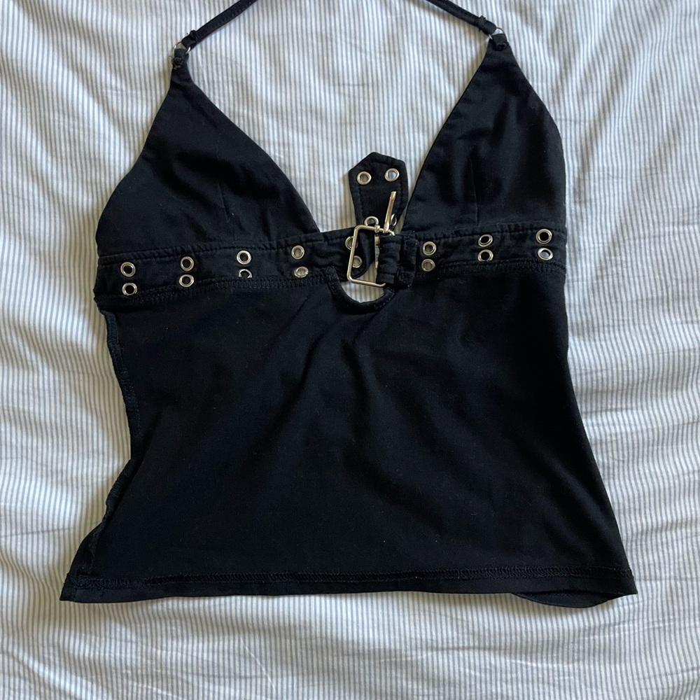 Black Halter Top with Eyelet Detail